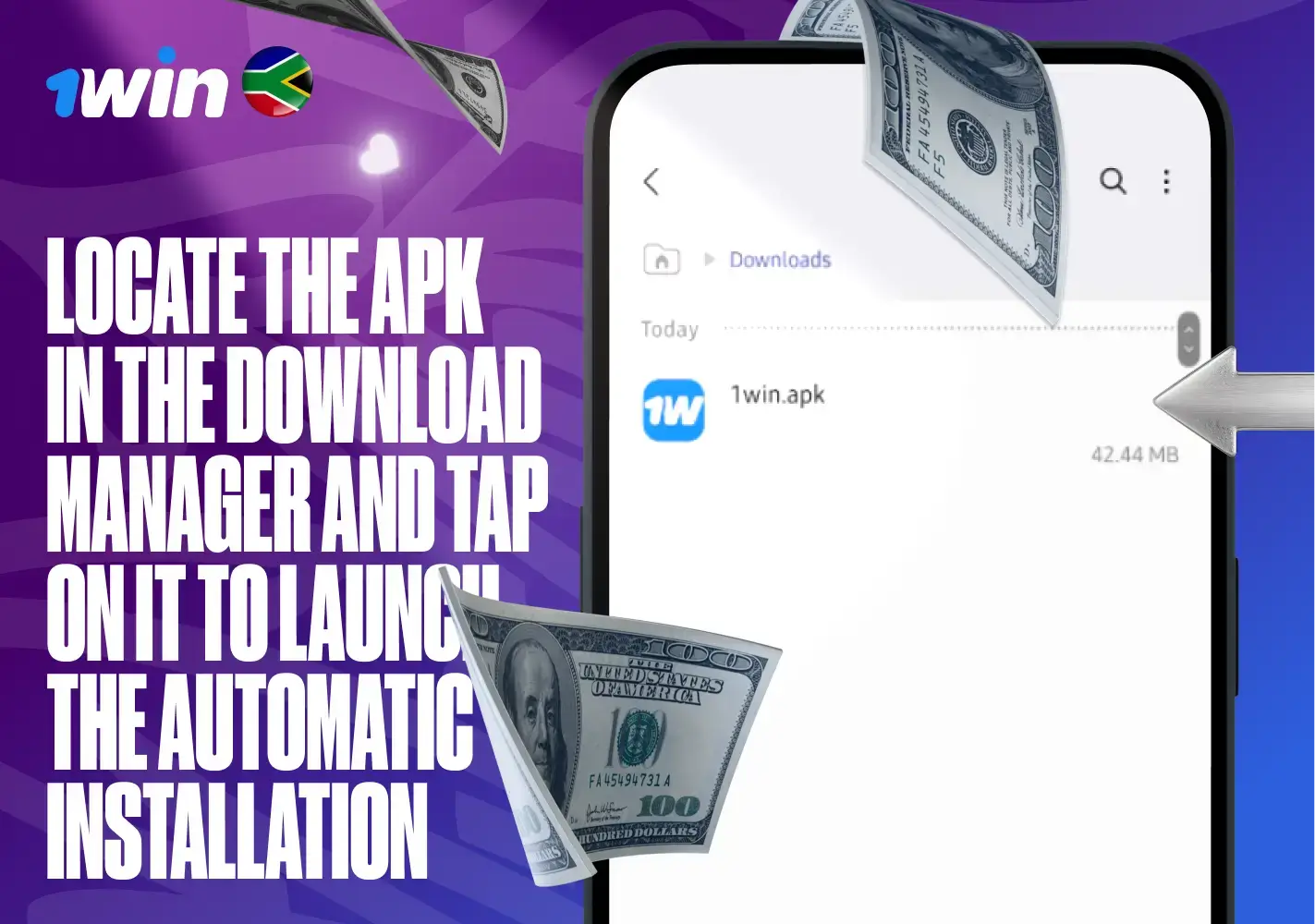 Installing the 1win app for android from the download manager