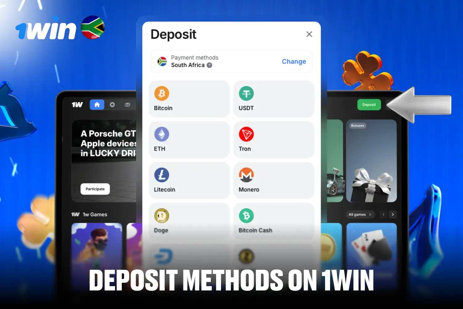Overview of supported deposit methods including crypto and cards at 1win