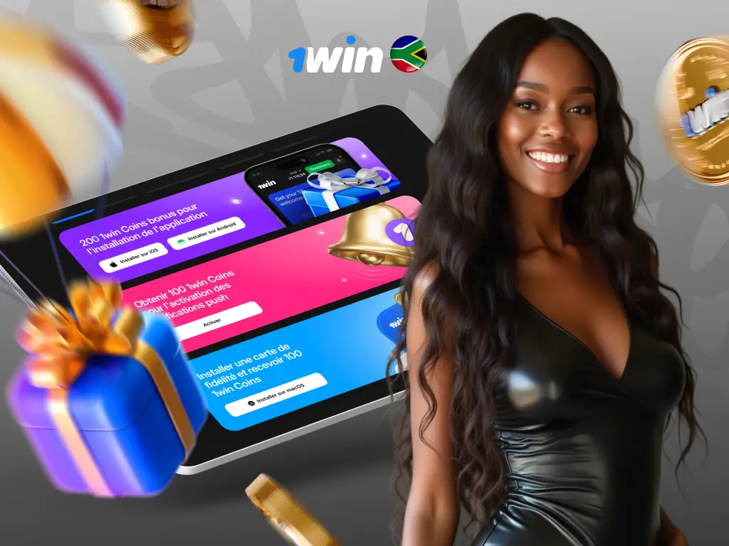 Promotional banner displaying various 1win bonuses and offers