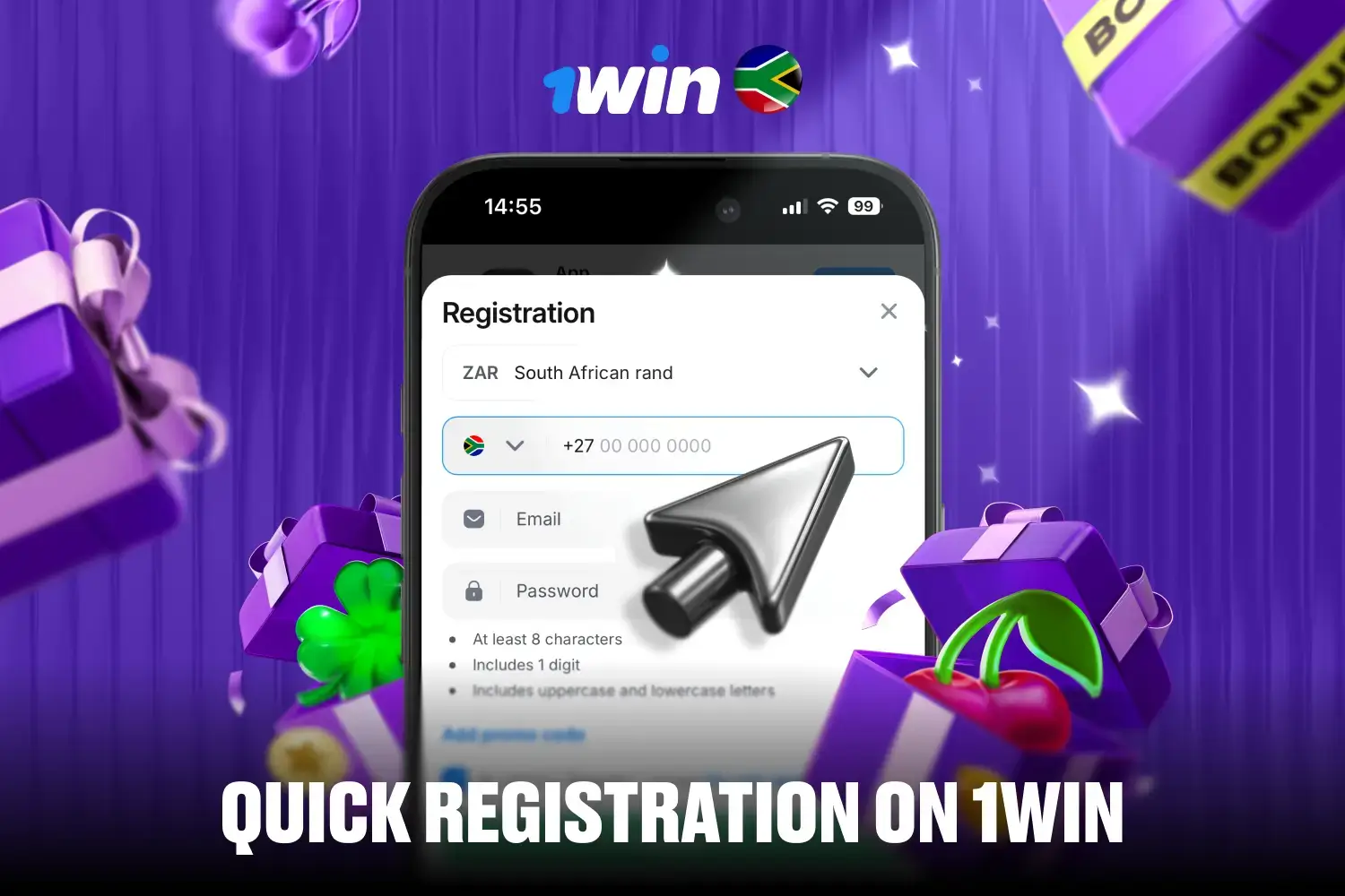 Quick registration form on 1win requiring phone and email